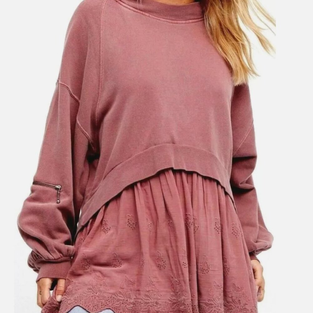 Free People | Mauve Pink Sweet Streets Eyelet Ruffle Oversized Hoodie